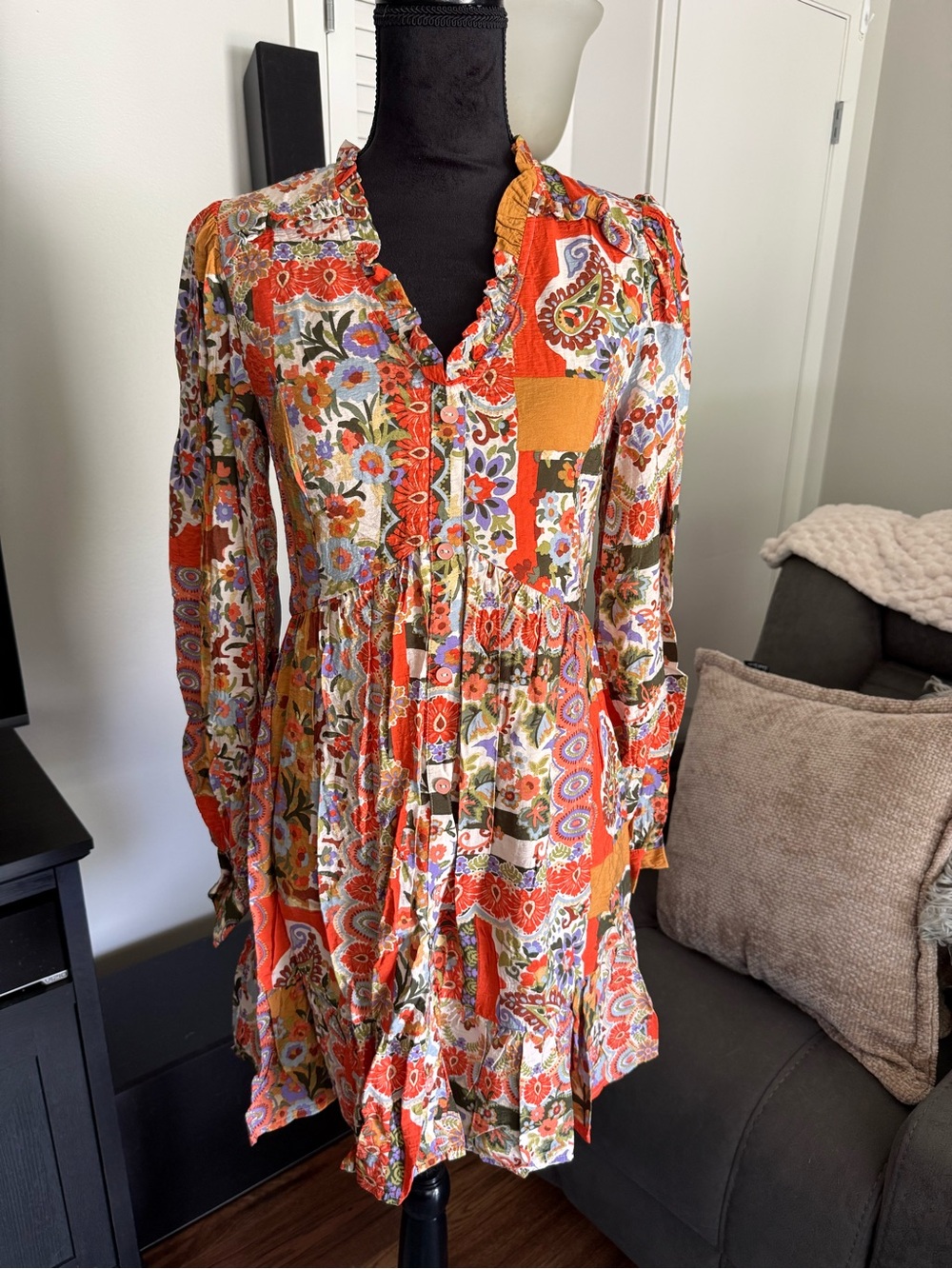 Fate Orange Floral Patchwork Button-Front Mini Dress